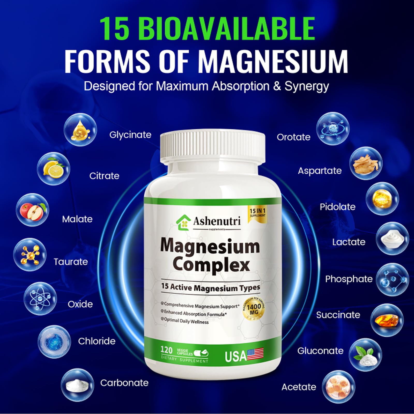 Magnesium Complex with 15 Types Magnesium Glycinate Citrate Malate Taurate Oxide Carbonate Chloride Orotate Magnesio Muscle, Heart, Relaxation & Nerves 120 Vegan Capsules, 60-Day Supply - dailyvitalstore