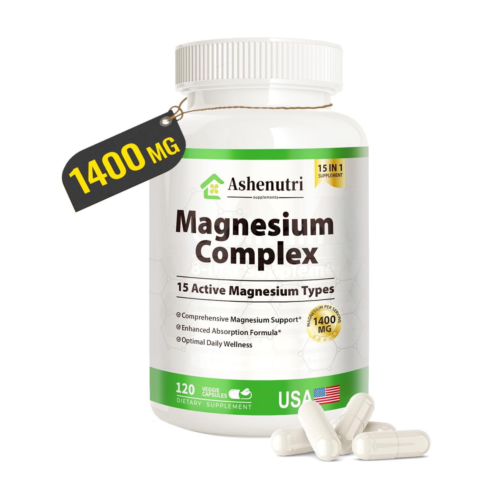Magnesium Complex with 15 Types Magnesium Glycinate Citrate Malate Taurate Oxide Carbonate Chloride Orotate Magnesio Muscle, Heart, Relaxation & Nerves 120 Vegan Capsules, 60-Day Supply - dailyvitalstore