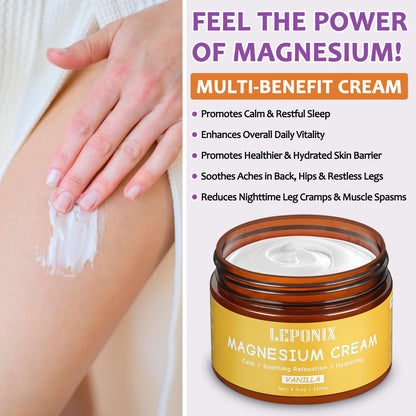 Magnesium Cream for Sleep & Muscle Recovery - Soothing Topical Magnesium Lotion for Leg Cramps, Joint Comfort, Pain Relief - Relaxing Magnesium Body Butter for Men Women Kids (120ml, Vanilla) - dailyvitalstore