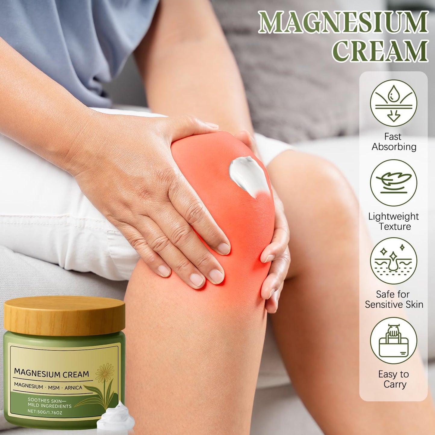 Magnesium Cream with MSM & Arnica,Nerve Relief Mild Ingredients for Skin Soothing,Fast-Absorbing Non-Greasy Massage Cream for Daily Comfort - dailyvitalstore