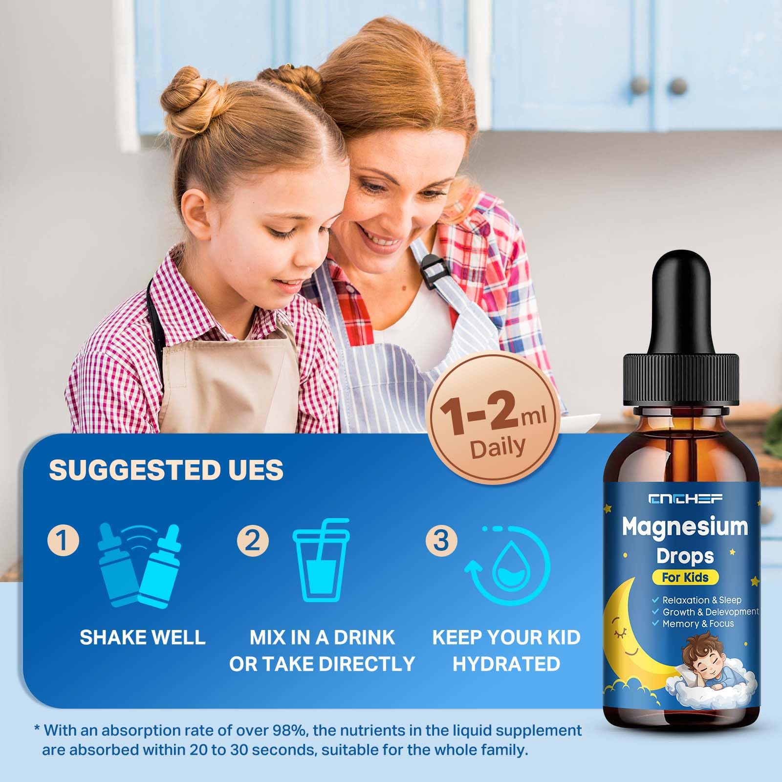Magnesium Drops - Magnesium Glycinate Liquid Drops for Kids - Calm, Sleep, Relaxation, Bones, Brain Support with Vitamin B6, C, D3, Omega-3, L-Theanine, Zinc, Multivitamins - Strawberry Flavor 2 Fl Oz - dailyvitalstore