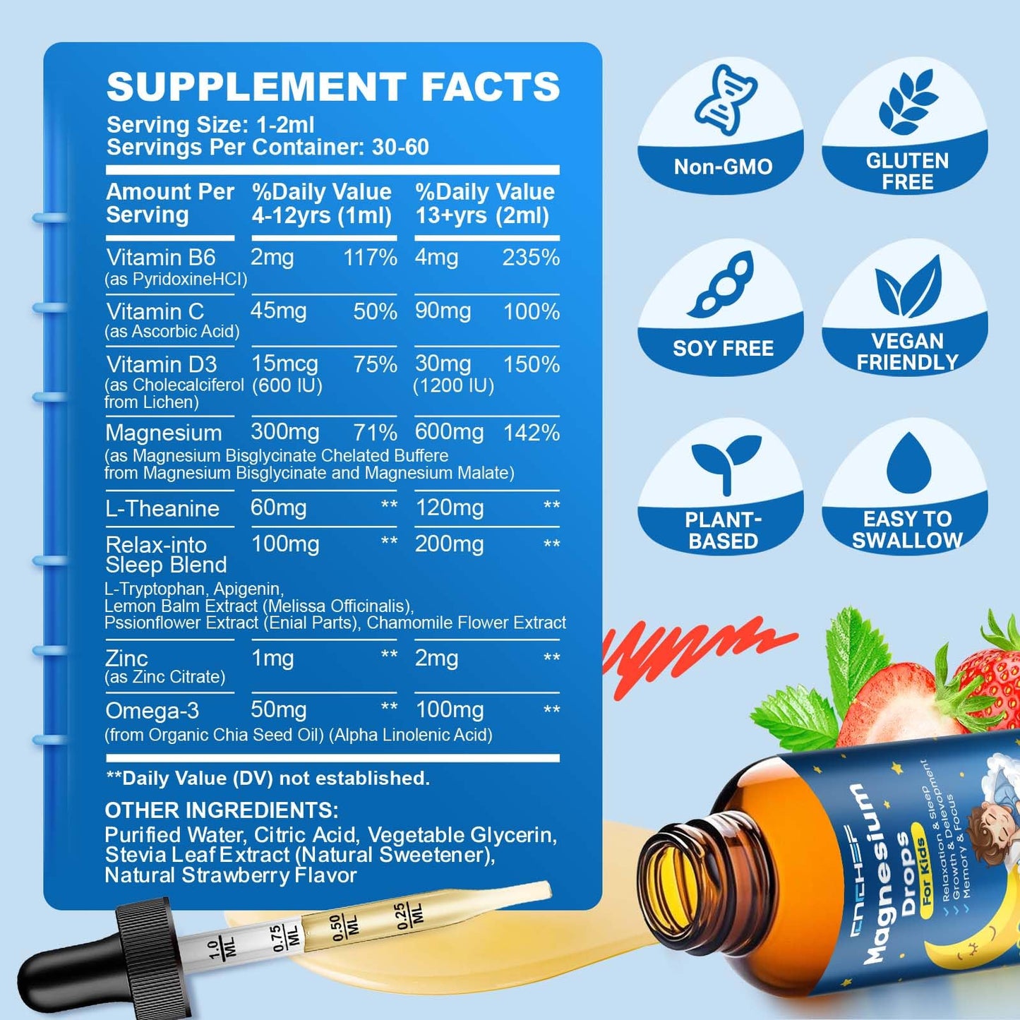 Magnesium Drops - Magnesium Glycinate Liquid Drops for Kids - Calm, Sleep, Relaxation, Bones, Brain Support with Vitamin B6, C, D3, Omega-3, L-Theanine, Zinc, Multivitamins - Strawberry Flavor 2 Fl Oz - dailyvitalstore