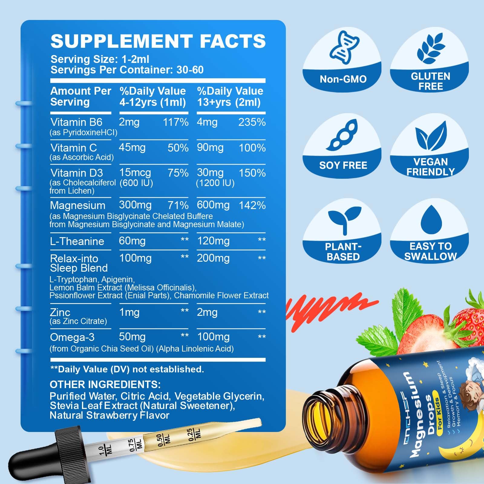 Magnesium Drops - Magnesium Glycinate Liquid Drops for Kids - Calm, Sleep, Relaxation, Bones, Brain Support with Vitamin B6, C, D3, Omega-3, L-Theanine, Zinc, Multivitamins - Strawberry Flavor 2 Fl Oz - dailyvitalstore