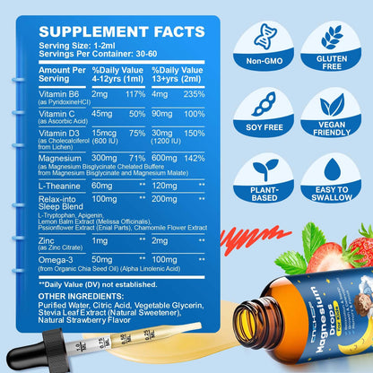 Magnesium Drops - Magnesium Glycinate Liquid Drops for Kids - Calm, Sleep, Relaxation, Bones, Brain Support with Vitamin B6, C, D3, Omega-3, L-Theanine, Zinc, Multivitamins - Strawberry Flavor 2 Fl Oz - dailyvitalstore