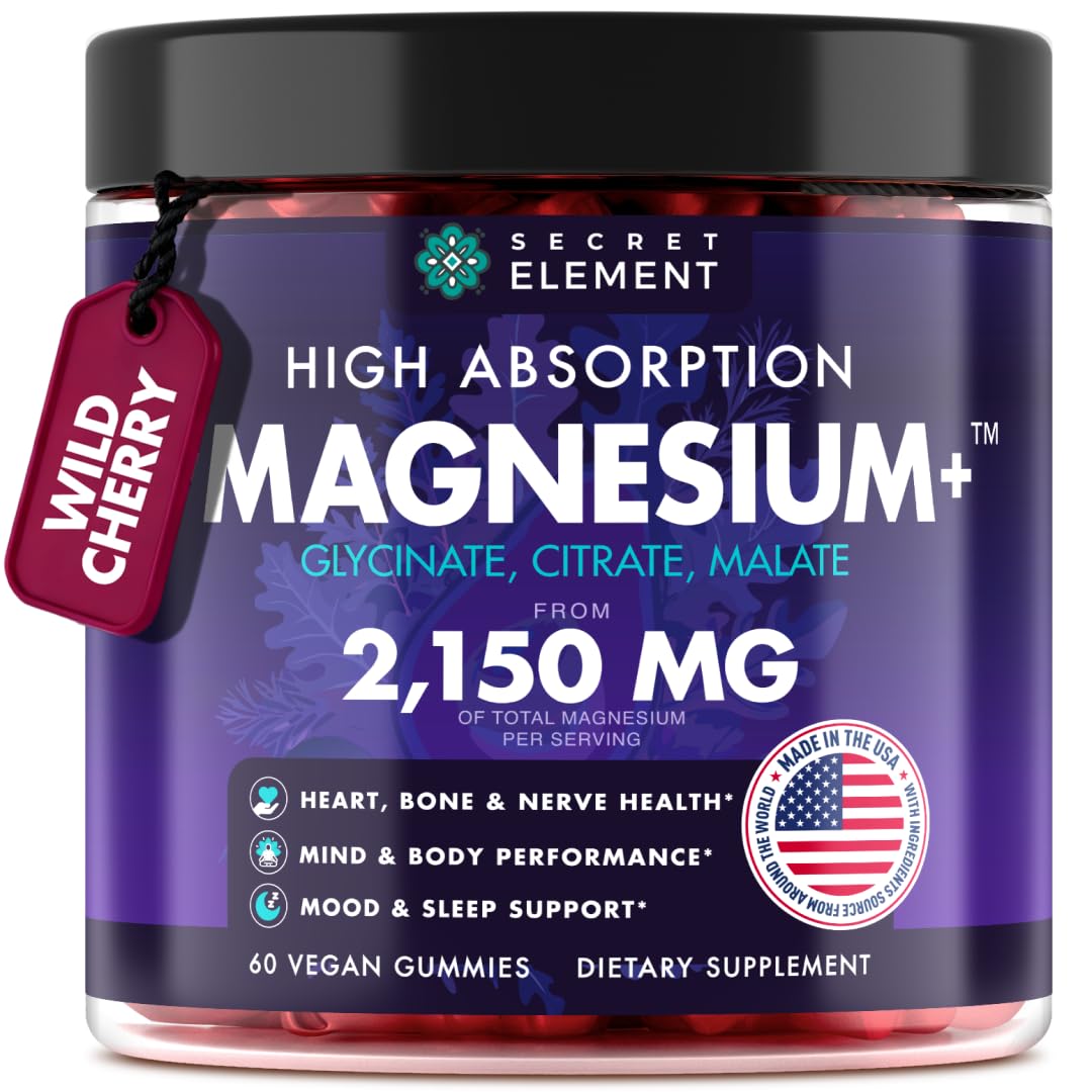 Magnesium Glycinate 2150 MG Gummies, High Absorption Magnesium Glycinate, Citrate & Malate, Sugar-Free, Vegan, Chews for Men & Women, 60 Gummies, Cherry Flavor– 60 Wild Cherry Flavor Chews - dailyvitalstore