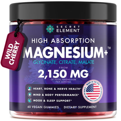 Magnesium Glycinate 2150 MG Gummies, High Absorption Magnesium Glycinate, Citrate & Malate, Sugar-Free, Vegan, Chews for Men & Women, 60 Gummies, Cherry Flavor– 60 Wild Cherry Flavor Chews - dailyvitalstore