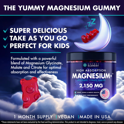 Magnesium Glycinate 2150 MG Gummies, High Absorption Magnesium Glycinate, Citrate & Malate, Sugar-Free, Vegan, Chews for Men & Women, 60 Gummies, Cherry Flavor– 60 Wild Cherry Flavor Chews - dailyvitalstore