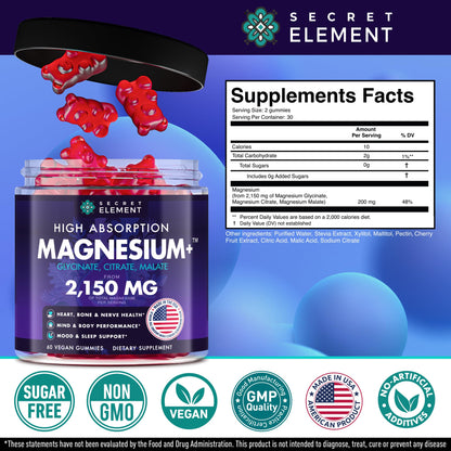 Magnesium Glycinate 2150 MG Gummies, High Absorption Magnesium Glycinate, Citrate & Malate, Sugar-Free, Vegan, Chews for Men & Women, 60 Gummies, Cherry Flavor– 60 Wild Cherry Flavor Chews - dailyvitalstore
