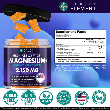 Magnesium Glycinate 2150MG Gummies for Women and Men, High Absorption Magnesium Glycinate, Citrate, Malate Gummies for Adults & Kids, Sleep Support, Sugar Free, Vegan, 60 Chews, Orange - dailyvitalstore
