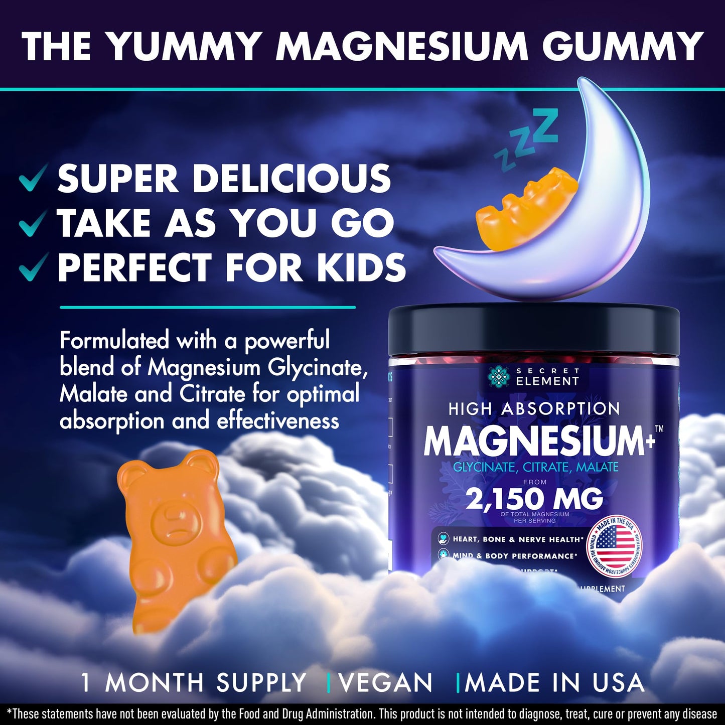 Magnesium Glycinate 2150MG Gummies for Women and Men, High Absorption Magnesium Glycinate, Citrate, Malate Gummies for Adults & Kids, Sleep Support, Sugar Free, Vegan, 60 Chews, Orange - dailyvitalstore