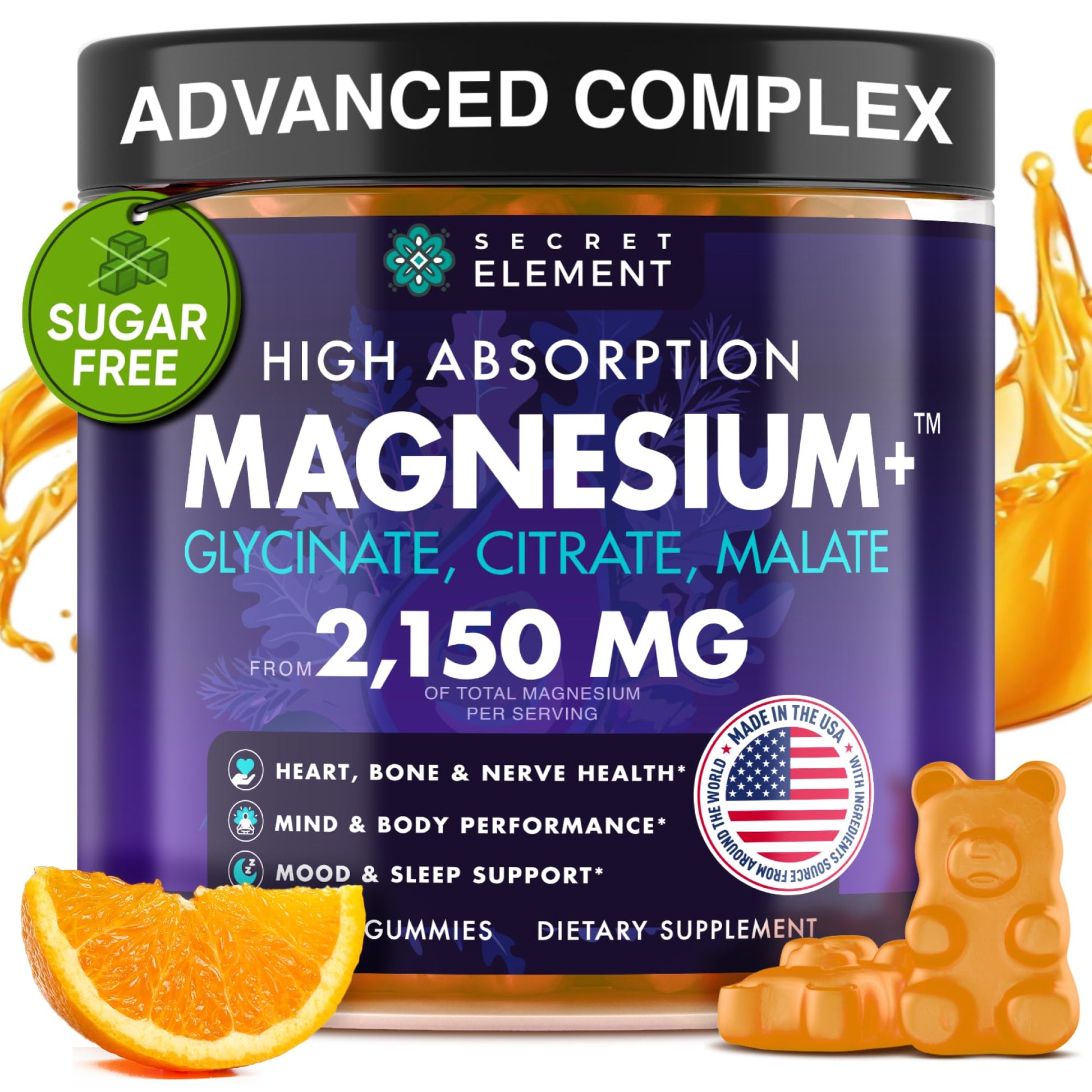 Magnesium Glycinate 2150MG Gummies for Women and Men, High Absorption Magnesium Glycinate, Citrate, Malate Gummies for Adults & Kids, Sleep Support, Sugar Free, Vegan, 60 Chews, Orange - dailyvitalstore