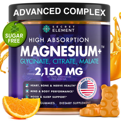 Magnesium Glycinate 2150MG Gummies for Women and Men, High Absorption Magnesium Glycinate, Citrate, Malate Gummies for Adults & Kids, Sleep Support, Sugar Free, Vegan, 60 Chews, Orange - dailyvitalstore