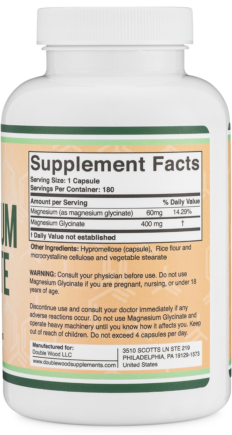 Magnesium Glycinate 400mg | 180 Capsules | Sleep, Muscle, & Heart Support | Vegan, Third Party Tested, Gluten Free, Non-GMO, by Double Wood Supplements - dailyvitalstore