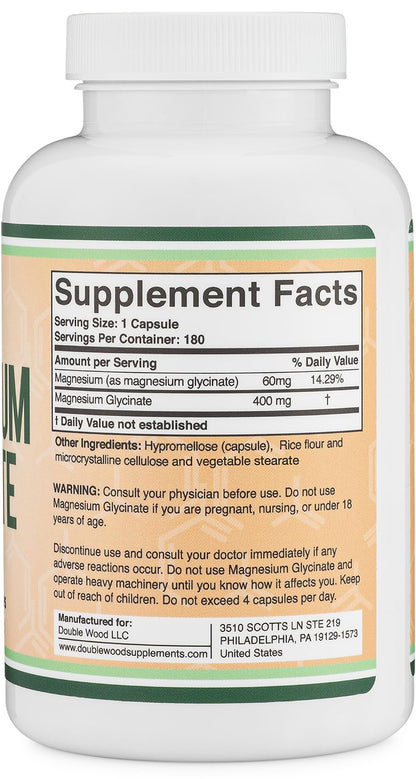 Magnesium Glycinate 400mg | 180 Capsules | Sleep, Muscle, & Heart Support | Vegan, Third Party Tested, Gluten Free, Non-GMO, by Double Wood Supplements - dailyvitalstore