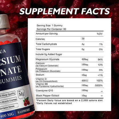 Magnesium Glycinate 400mg Gummies, Sugar Free Magnesium Gummies with Vitamins D, B6 for Sleep Support, - dailyvitalstore
