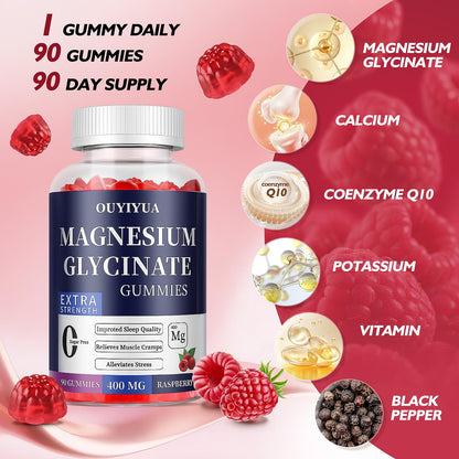 Magnesium Glycinate 400mg Gummies, Sugar Free Magnesium Gummies with Vitamins D, B6 for Sleep Support, - dailyvitalstore