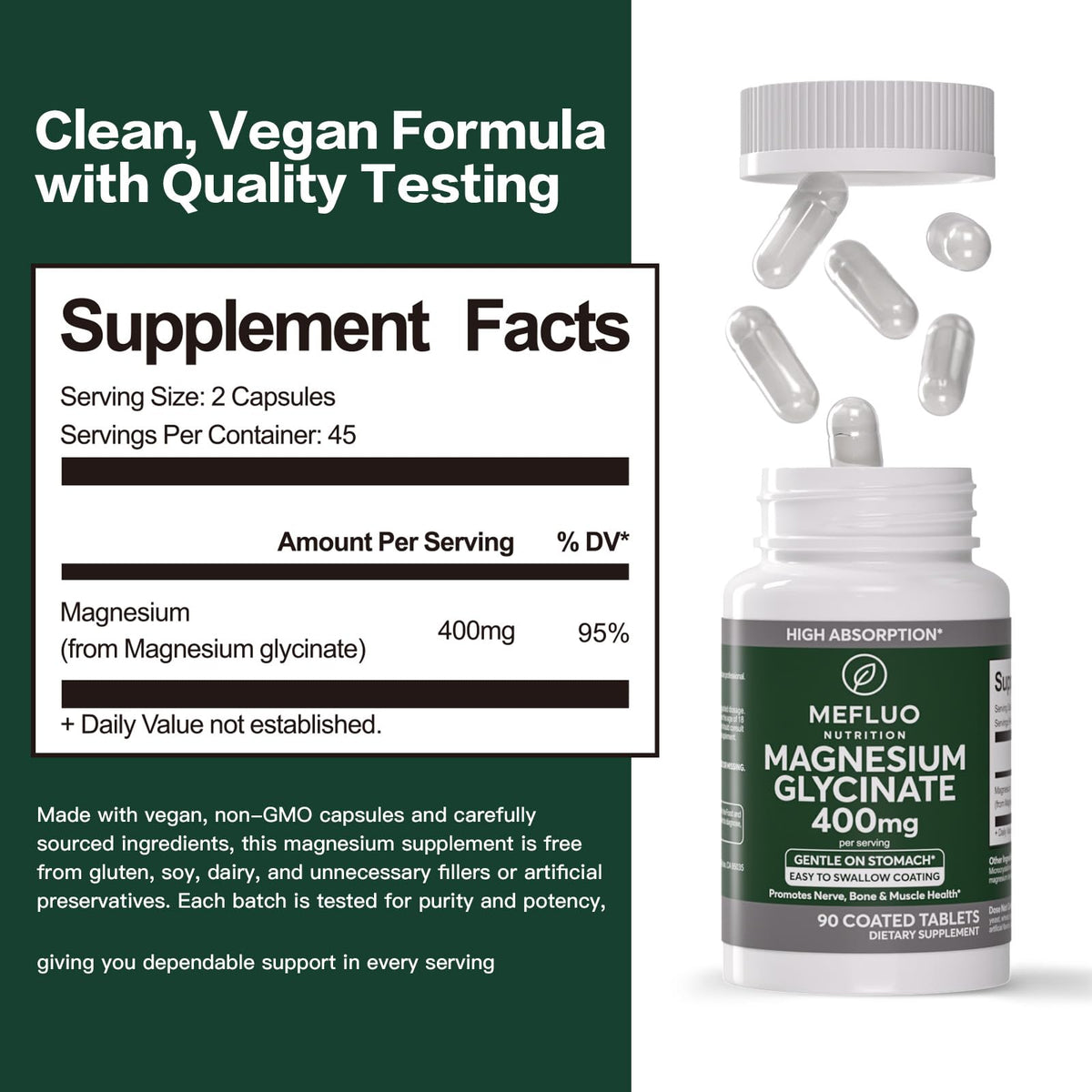 Magnesium Glycinate 400mg – High Absorption Magnesium Supplement for Muscle, Nerve & Sleep Support – Gentle on Stomach, Non-GMO, Vegan Capsules, 90 Count - dailyvitalstore