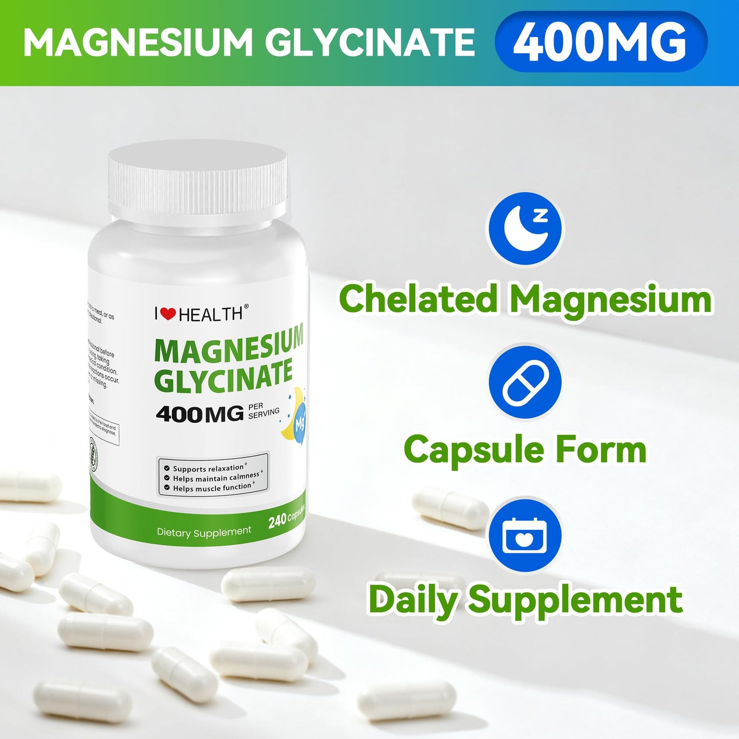 Magnesium Glycinate 400mg per Capsule – 240 Capsules – High Absorption Magnesium Supplement for Relaxation, Calmness & Muscle Support – Gentle on Stomach - dailyvitalstore