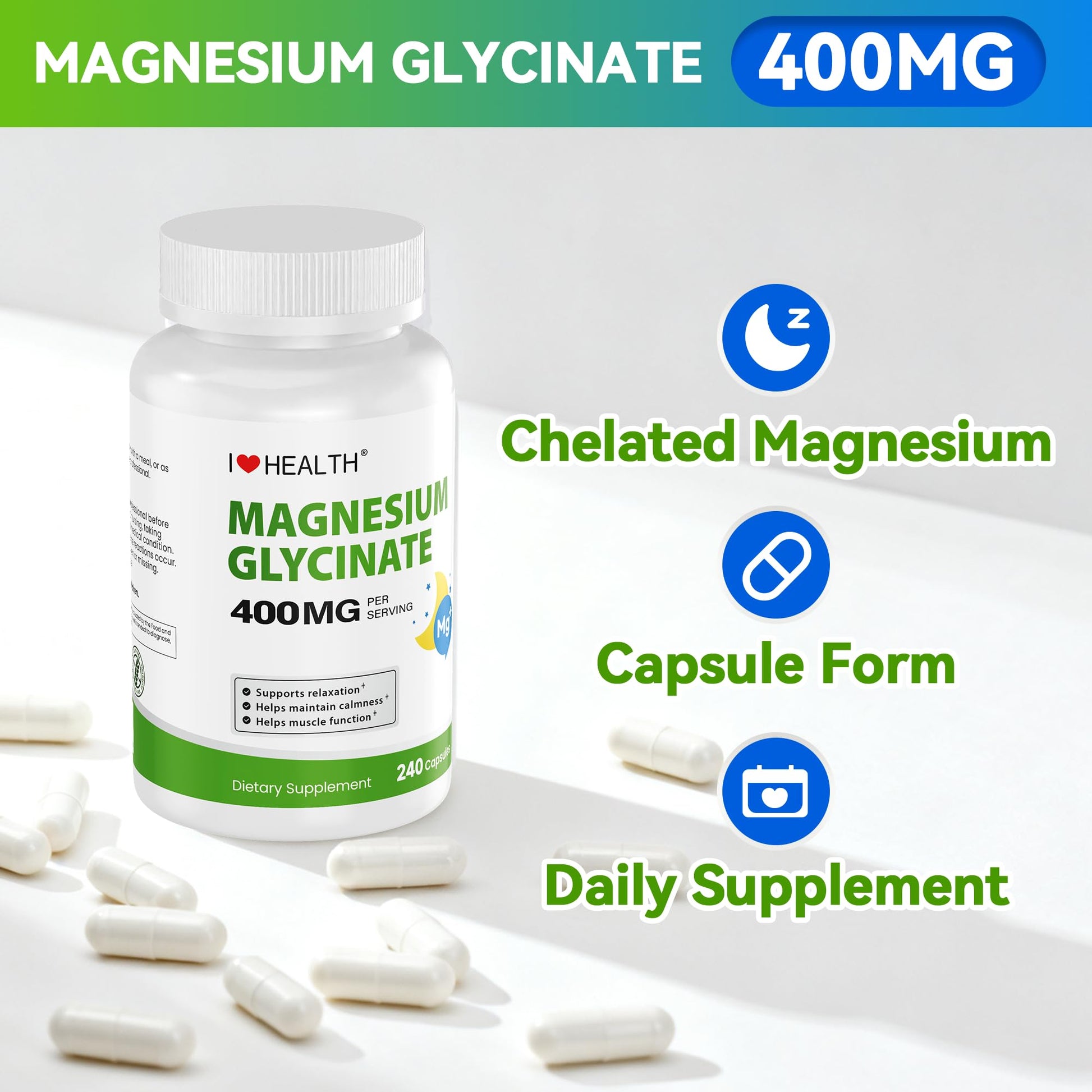Magnesium Glycinate 400mg per Capsule – 240 Capsules – High Absorption Magnesium Supplement for Relaxation, Calmness & Muscle Support – Gentle on Stomach - dailyvitalstore