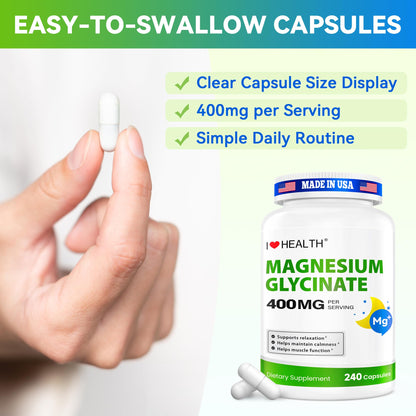Magnesium Glycinate 400mg per Capsule – 240 Capsules – High Absorption Magnesium Supplement for Relaxation, Calmness & Muscle Support – Gentle on Stomach - dailyvitalstore