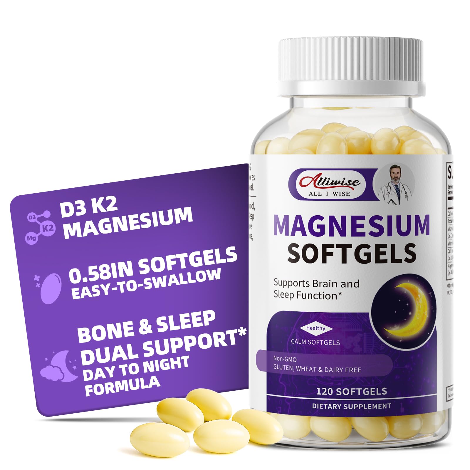 Magnesium Glycinate 400mg Softgels, Small Easy to Swallow High Absorption Magnesium Supplement, with Vitamin D3 & K2 for Sleep Relax Calm Muscle Bone* Health, 120 Gelcaps - dailyvitalstore