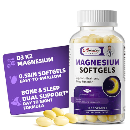 Magnesium Glycinate 400mg Softgels, Small Easy to Swallow High Absorption Magnesium Supplement, with Vitamin D3 & K2 for Sleep Relax Calm Muscle Bone* Health, 120 Gelcaps - dailyvitalstore