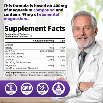 Magnesium Glycinate 400mg Softgels, Small Easy to Swallow High Absorption Magnesium Supplement, with Vitamin D3 & K2 for Sleep Relax Calm Muscle Bone* Health, 120 Gelcaps - dailyvitalstore