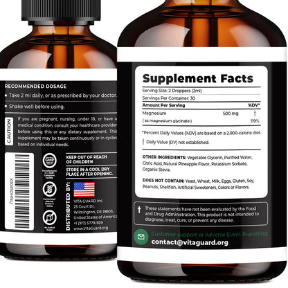 Magnesium Glycinate 500mg Liquid Drops – Sugar-Free Magnesium Supplement, Vegan Formula, 60 mL Flavor Pineapple - dailyvitalstore