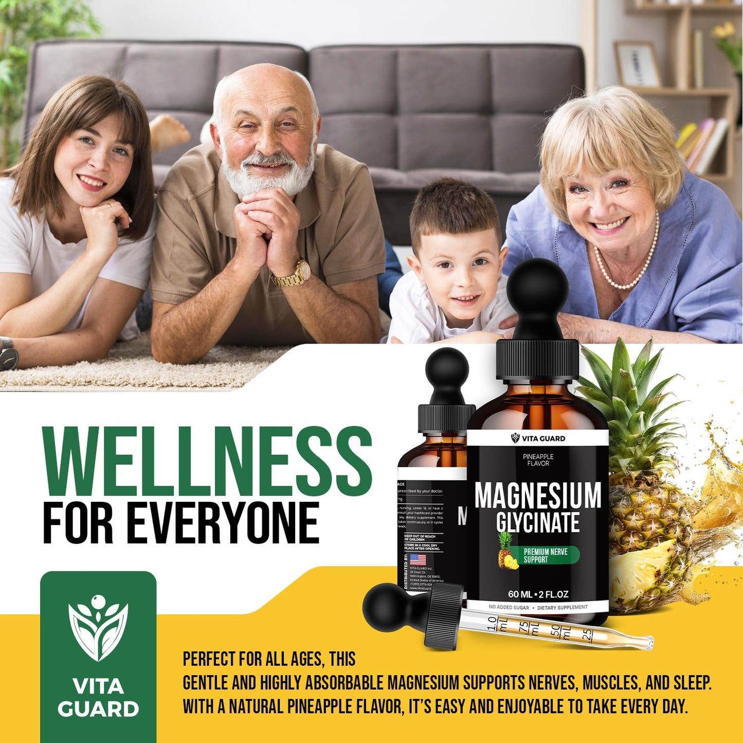 Magnesium Glycinate 500mg Liquid Drops – Sugar-Free Magnesium Supplement, Vegan Formula, 60 mL Flavor Pineapple - dailyvitalstore