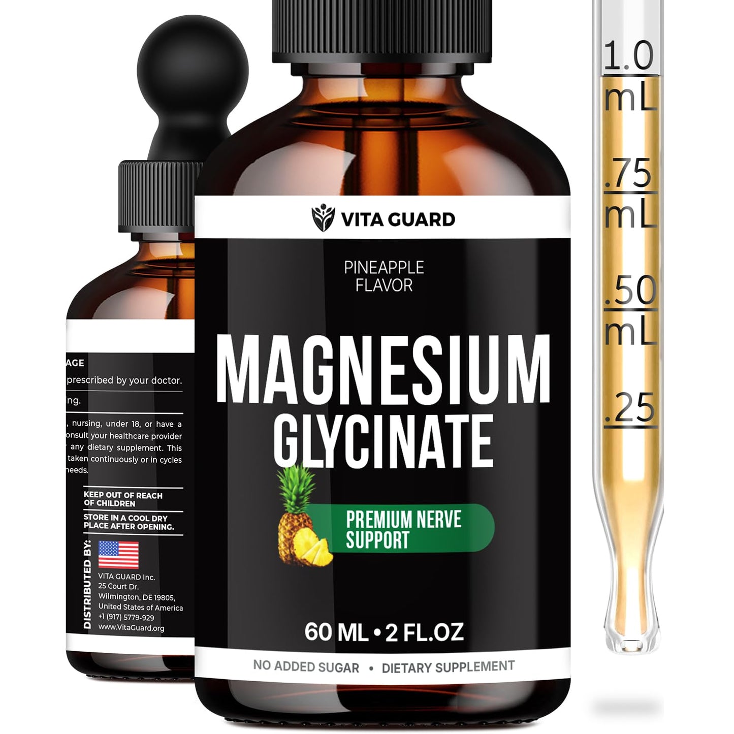 Magnesium Glycinate 500mg Liquid Drops – Sugar-Free Magnesium Supplement, Vegan Formula, 60 mL Flavor Pineapple - dailyvitalstore