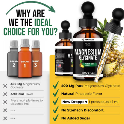 Magnesium Glycinate 500mg Liquid Drops – Sugar-Free Magnesium Supplement, Vegan Formula, 60 mL Flavor Pineapple - dailyvitalstore