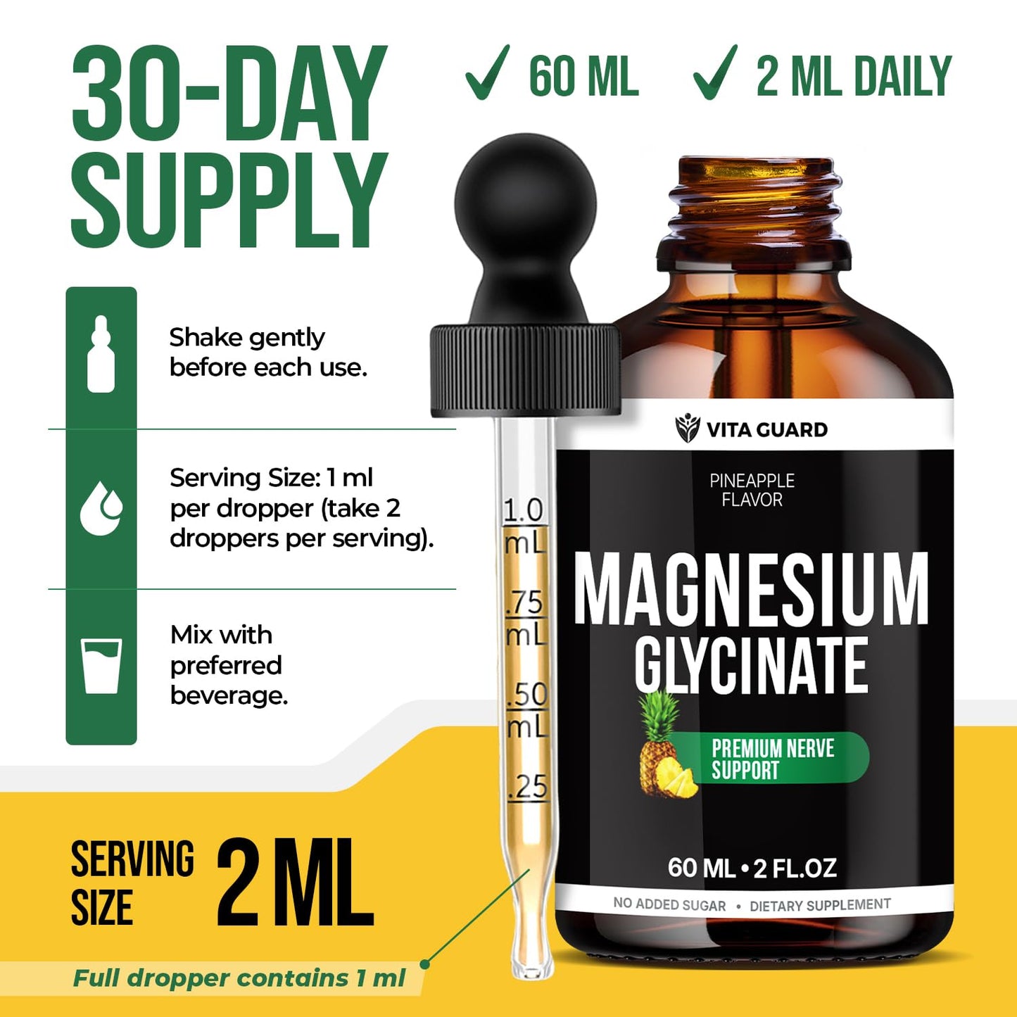 Magnesium Glycinate 500mg Liquid Drops – Sugar-Free Magnesium Supplement, Vegan Formula, 60 mL Flavor Pineapple - dailyvitalstore