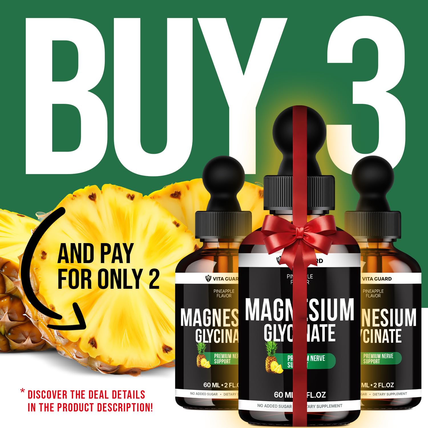 Magnesium Glycinate 500mg Liquid Drops – Sugar-Free Magnesium Supplement, Vegan Formula, 60 mL Flavor Pineapple - dailyvitalstore