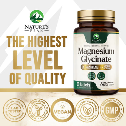 Magnesium Glycinate 500mg Per Serving - High Absorption Chelated Magnesium Supplement for Muscle, Bone and Heart Health Support - Easy Digestion & Gentle on Your Stomach - USA Bottled - 60 Tablets - dailyvitalstore