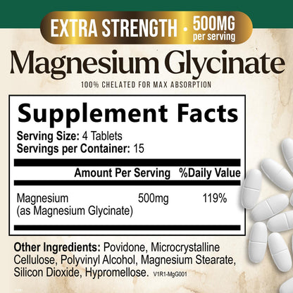 Magnesium Glycinate 500mg Per Serving - High Absorption Chelated Magnesium Supplement for Muscle, Bone and Heart Health Support - Easy Digestion & Gentle on Your Stomach - USA Bottled - 60 Tablets - dailyvitalstore