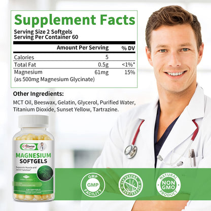 Magnesium Glycinate 500mg Softgels Supplement, Small Easy to Swallow Magnesium Gelcaps High Absorption for Night Leg&Sleep Support, Muscle&Bone, Calm, Non GMO, 120 Gelcaps, 60 Day Supply - dailyvitalstore