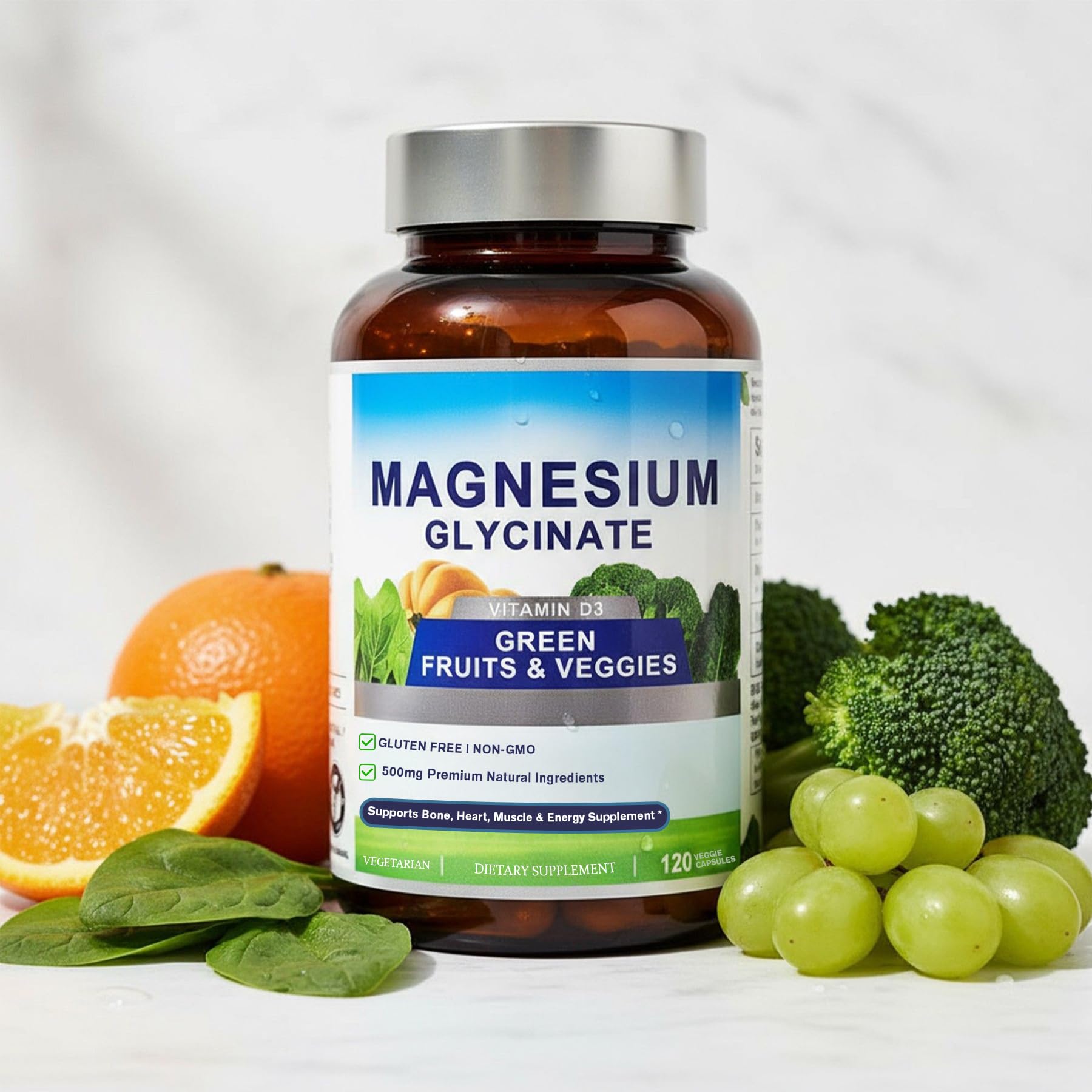 Magnesium Glycinate 500mg with Vitamin D3 – High Absorption Magnesium Supplement with Veggies Design – Supports Bone & Muscle Function and Energy – Non-GMO, Gluten-Free – 120 Veg Capsules - dailyvitalstore