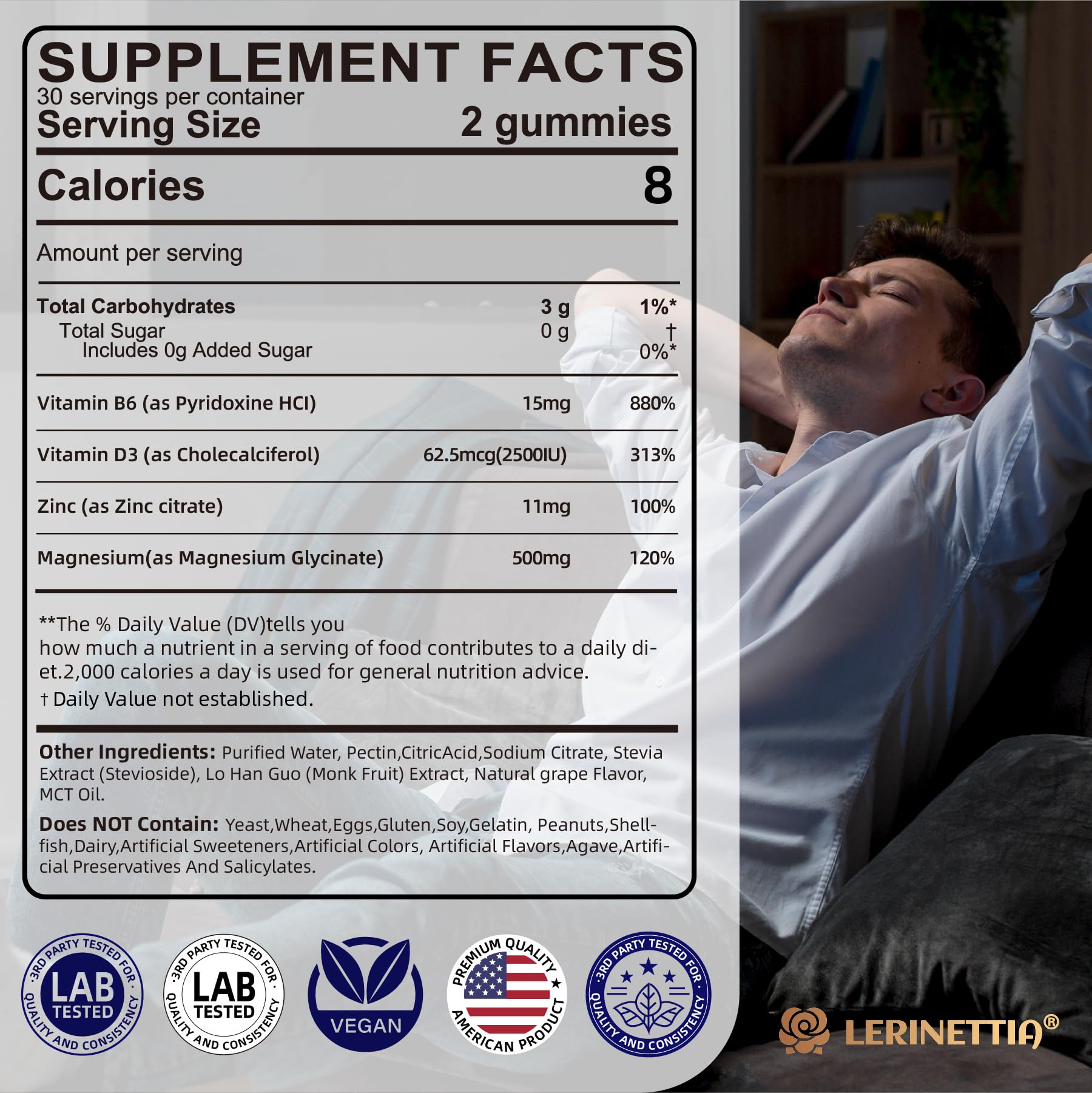 Magnesium Glycinate 500mg/250mg for Adults Teens - Plus D3,B6 & Zinc - Magnesium Glycinate Gummies,High Absorption - Support for Relaxation,Brain,Bone & Immunity Health - Sugar Free - 120Cts - dailyvitalstore