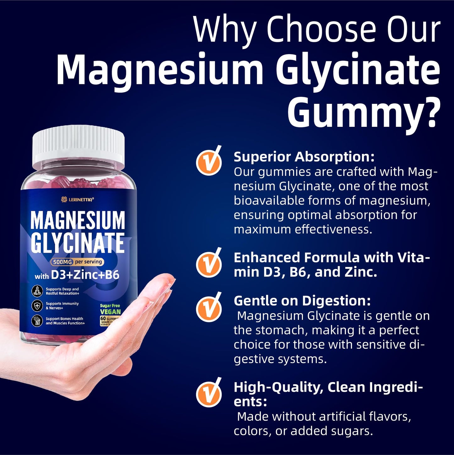Magnesium Glycinate 500mg/250mg for Adults Teens - Plus D3,B6 & Zinc - Magnesium Glycinate Gummies,High Absorption - Support for Relaxation,Brain,Bone & Immunity Health - Sugar Free - 120Cts - dailyvitalstore