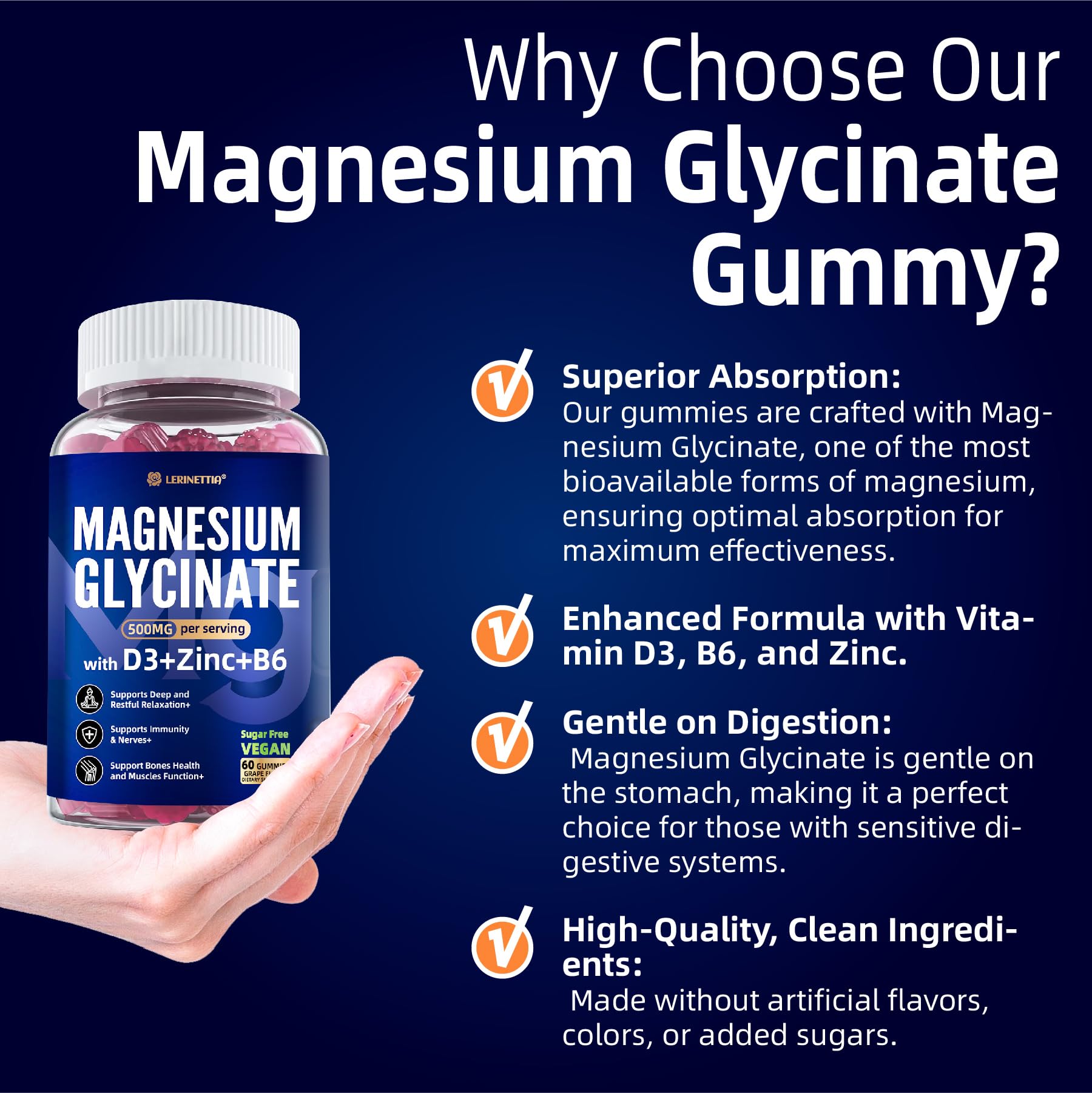 Magnesium Glycinate 500mg/250mg for Adults Teens - Plus D3,B6 & Zinc - Magnesium Glycinate Gummies,High Absorption - Support for Relaxation,Brain,Bone & Immunity Health - Sugar Free - 120Cts - dailyvitalstore