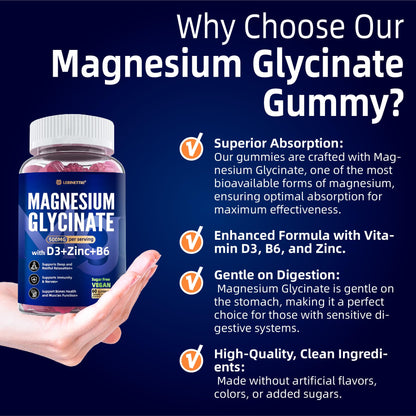Magnesium Glycinate 500mg/250mg for Adults Teens - Plus D3,B6 & Zinc - Magnesium Glycinate Gummies,High Absorption - Support for Relaxation,Brain,Bone & Immunity Health - Sugar Free - 120Cts - dailyvitalstore