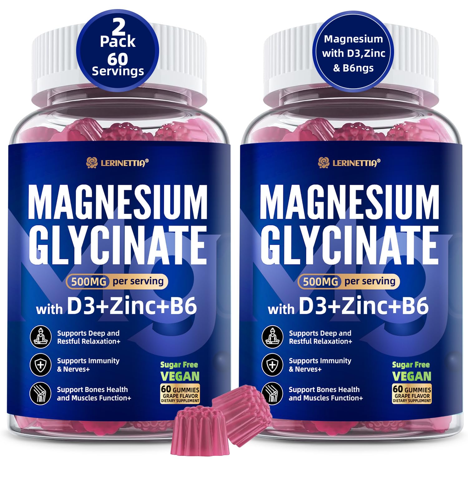 Magnesium Glycinate 500mg/250mg for Adults Teens - Plus D3,B6 & Zinc - Magnesium Glycinate Gummies,High Absorption - Support for Relaxation,Brain,Bone & Immunity Health - Sugar Free - 120Cts - dailyvitalstore