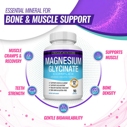 Magnesium Glycinate 525mg - High Absorption Chelated Magnesium Supplement Made with Pure Magnesium Glycinate - Supports Muscles, Sleep, Cramps, Recovery Bisglycinate Complex Vegan Non-GMO 90 Capsules - dailyvitalstore