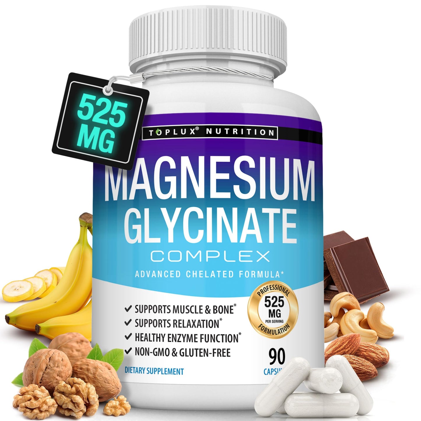 Magnesium Glycinate 525mg - High Absorption Chelated Magnesium Supplement Made with Pure Magnesium Glycinate - Supports Muscles, Sleep, Cramps, Recovery Bisglycinate Complex Vegan Non-GMO 90 Capsules - dailyvitalstore