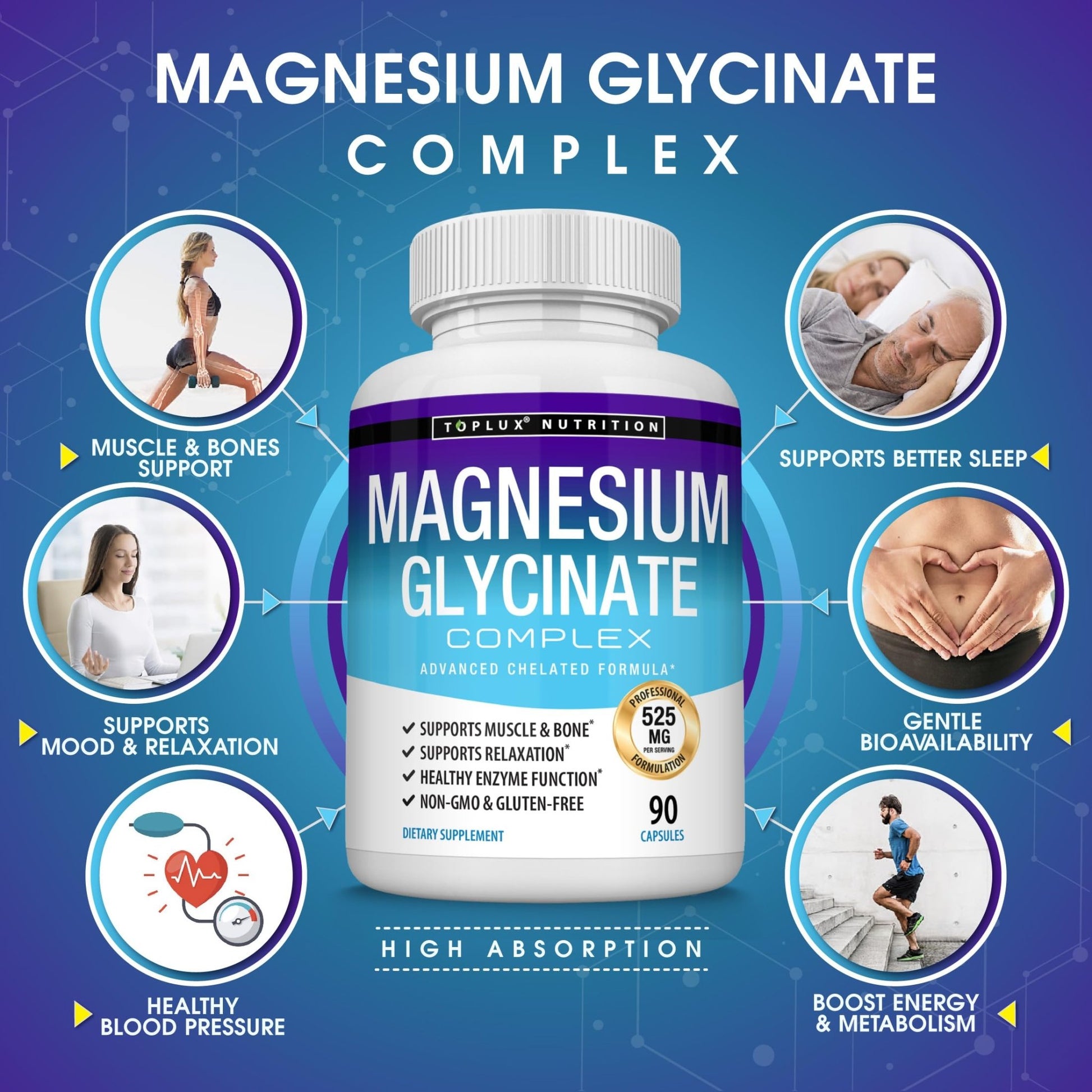 Magnesium Glycinate 525mg - High Absorption Chelated Magnesium Supplement Made with Pure Magnesium Glycinate - Supports Muscles, Sleep, Cramps, Recovery Bisglycinate Complex Vegan Non-GMO 90 Capsules - dailyvitalstore