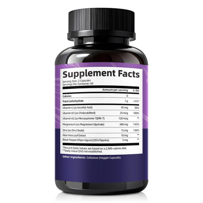 Magnesium Glycinate 600mg Vitamin D3 K2 Supplement with Vitamin C, Zinc, & Aloe Vera - Bone Support, Energy & Mood Manage & Sleep Health for Men & Women, Non-GMO, Vegan, 120 Capsules - dailyvitalstore