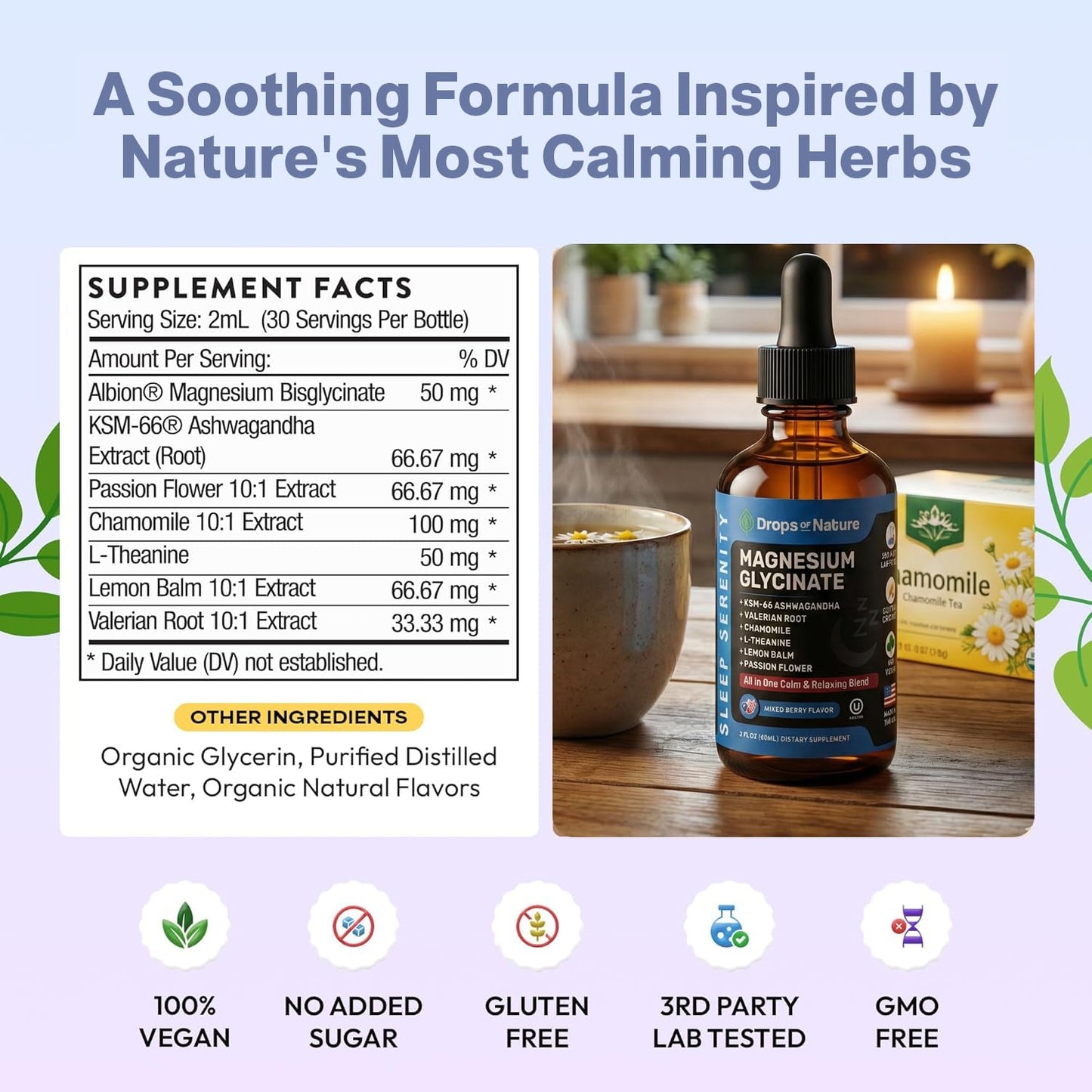 Magnesium Glycinate & Ashwagandha Liquid Drops with Valerian Root, Chamomile, Passion Flower, Lemon Balm & L-Theanine - Vegan Fast Absorption - Supplement for Wellness & Relaxation (Mixed Berry, 60mL) - dailyvitalstore