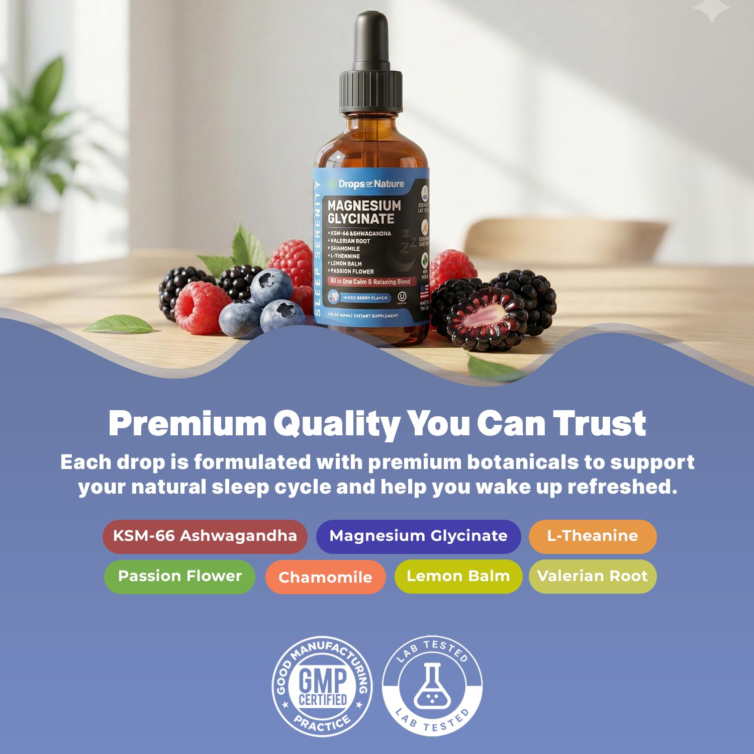 Magnesium Glycinate & Ashwagandha Liquid Drops with Valerian Root, Chamomile, Passion Flower, Lemon Balm & L-Theanine - Vegan Fast Absorption - Supplement for Wellness & Relaxation (Mixed Berry, 60mL) - dailyvitalstore