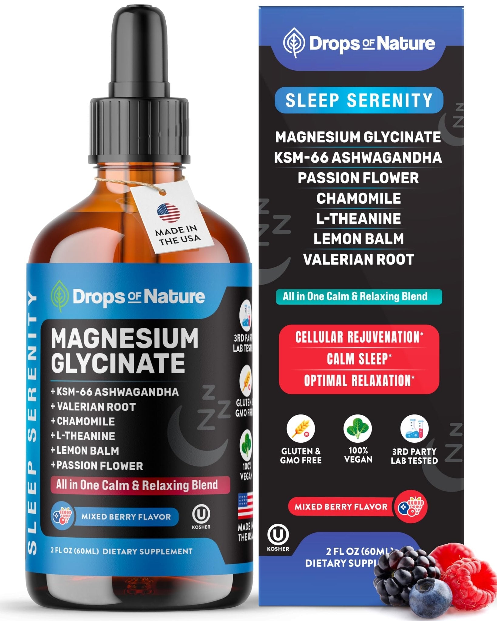 Magnesium Glycinate & Ashwagandha Liquid Drops with Valerian Root, Chamomile, Passion Flower, Lemon Balm & L-Theanine - Vegan Fast Absorption - Supplement for Wellness & Relaxation (Mixed Berry, 60mL) - dailyvitalstore