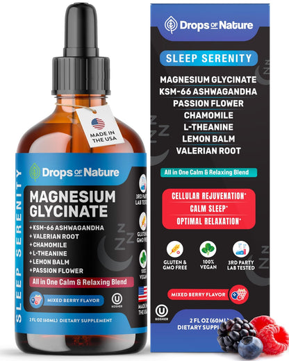 Magnesium Glycinate & Ashwagandha Liquid Drops with Valerian Root, Chamomile, Passion Flower, Lemon Balm & L-Theanine - Vegan Fast Absorption - Supplement for Wellness & Relaxation (Mixed Berry, 60mL) - dailyvitalstore